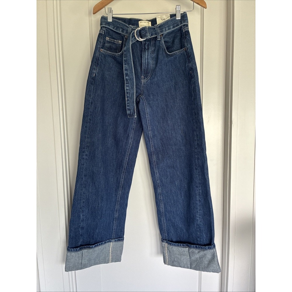Free People East Bay Belted Cuffed Straight Wide Leg Jeans Concord Size 24